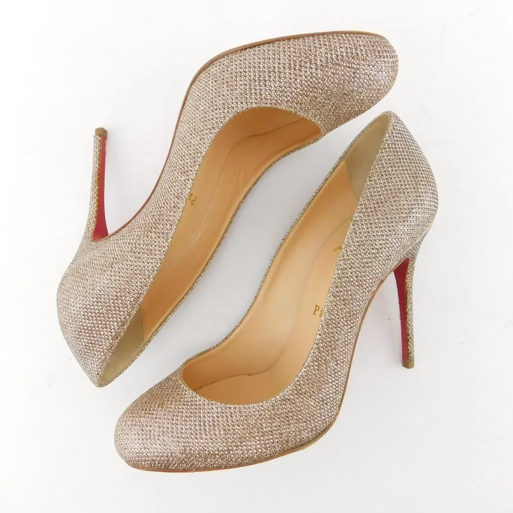 CHRISTIAN LOUBOUTIN Gold Champagne Sparkle Glitter Shimmer Lag Heel Pump 36.5